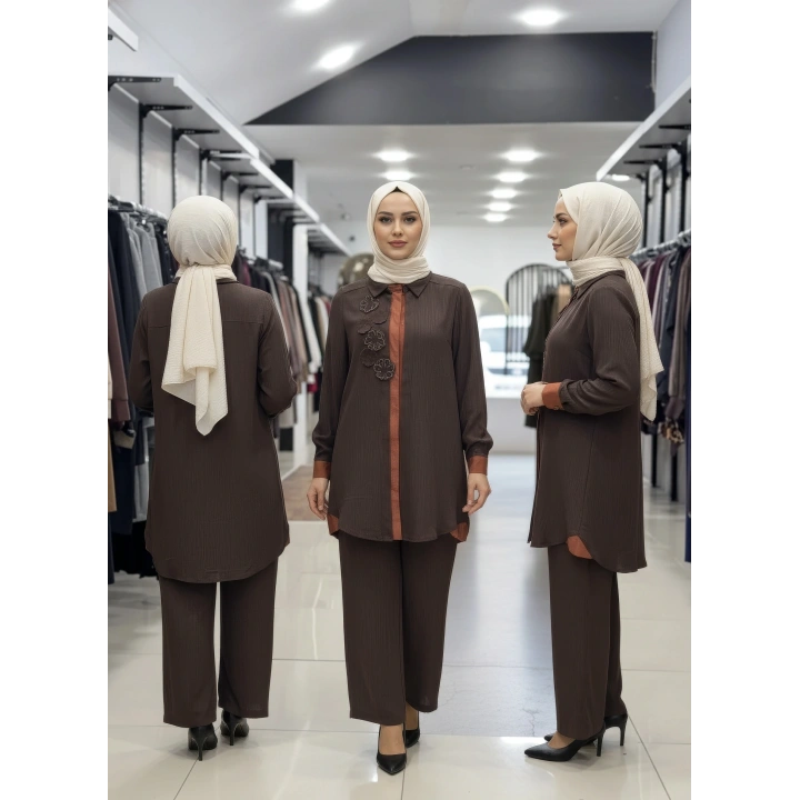 ÖNÜ İÇTEN ÇITÇIT DETAYLI PANTOLONLU RAHAT İKİLİ TAKIM - Kahverengi