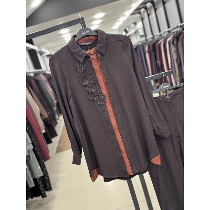 ÖNÜ İÇTEN ÇITÇIT DETAYLI PANTOLONLU RAHAT İKİLİ TAKIM - Kahverengi