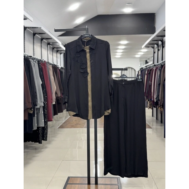 ÖNÜ İÇTEN ÇITÇIT DETAYLI PANTOLONLU RAHAT İKİLİ TAKIM - Siyah