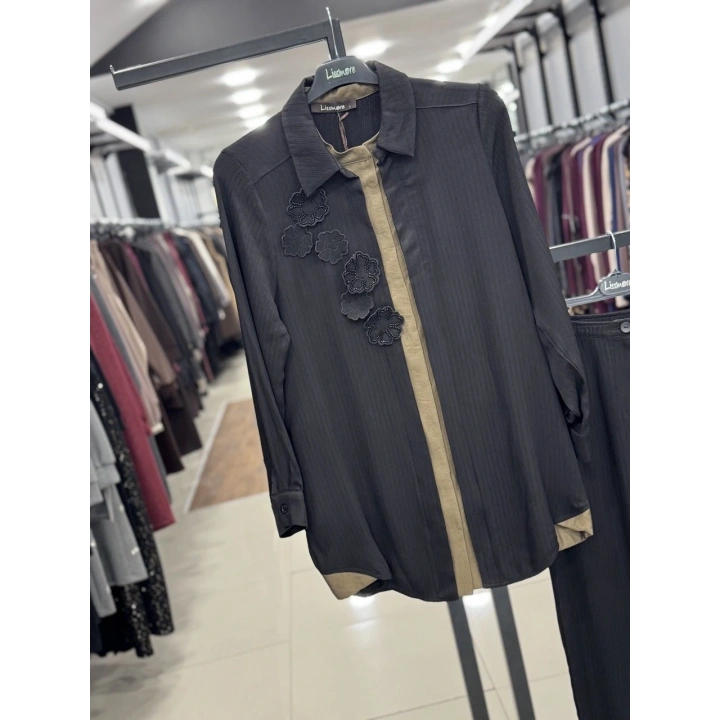 ÖNÜ İÇTEN ÇITÇIT DETAYLI PANTOLONLU RAHAT İKİLİ TAKIM - Siyah