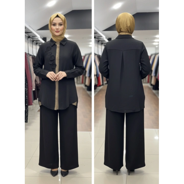ÖNÜ İÇTEN ÇITÇIT DETAYLI PANTOLONLU RAHAT İKİLİ TAKIM - Siyah