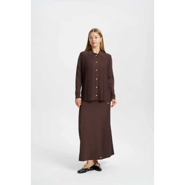 ÖNÜ KOMPLE BEKLETMELİ HIRKA - Kahverengi