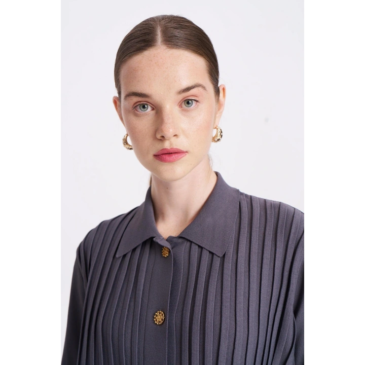 ÖNÜ KOMPLE BEKLETMELİ HIRKA - Koyu Gri