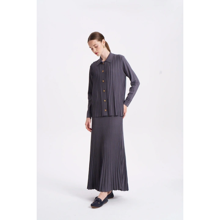 ÖNÜ KOMPLE BEKLETMELİ HIRKA - Koyu Gri