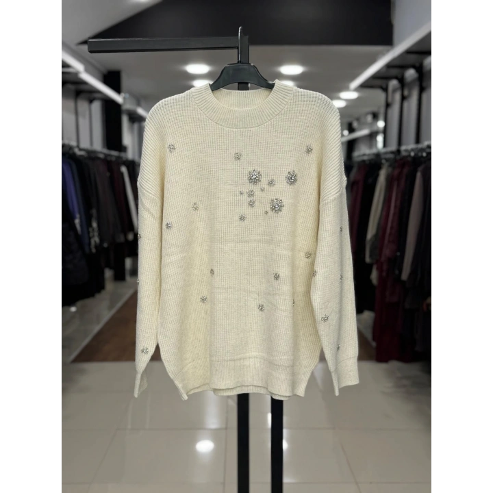 SİM İPLİKLİ DÜŞÜK KOL TRİKO ÖRGÜ KAZAK - Ekru