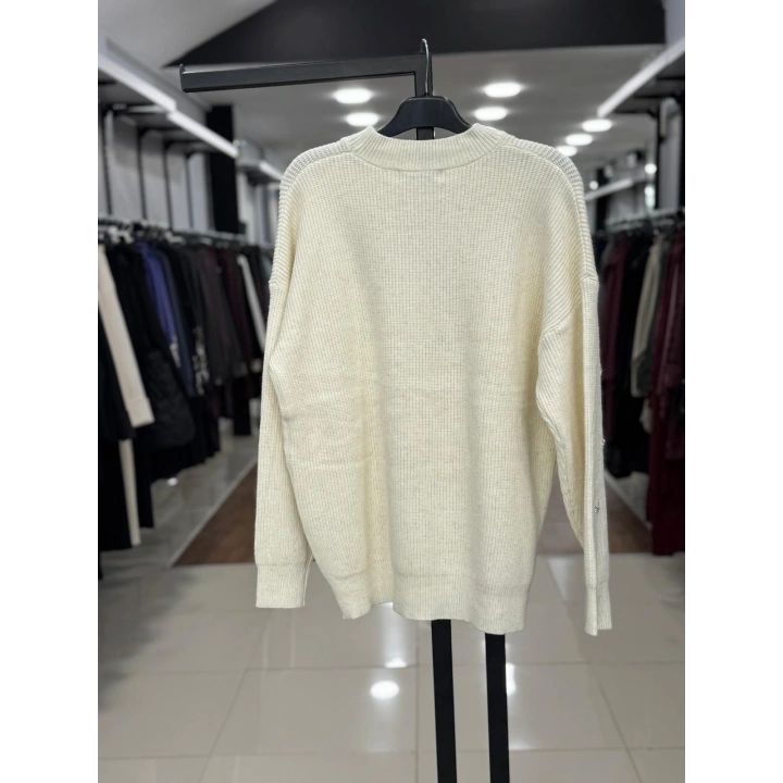 SİM İPLİKLİ DÜŞÜK KOL TRİKO ÖRGÜ KAZAK - Ekru