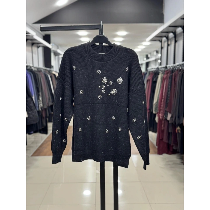 SİM İPLİKLİ DÜŞÜK KOL TRİKO ÖRGÜ KAZAK - Siyah