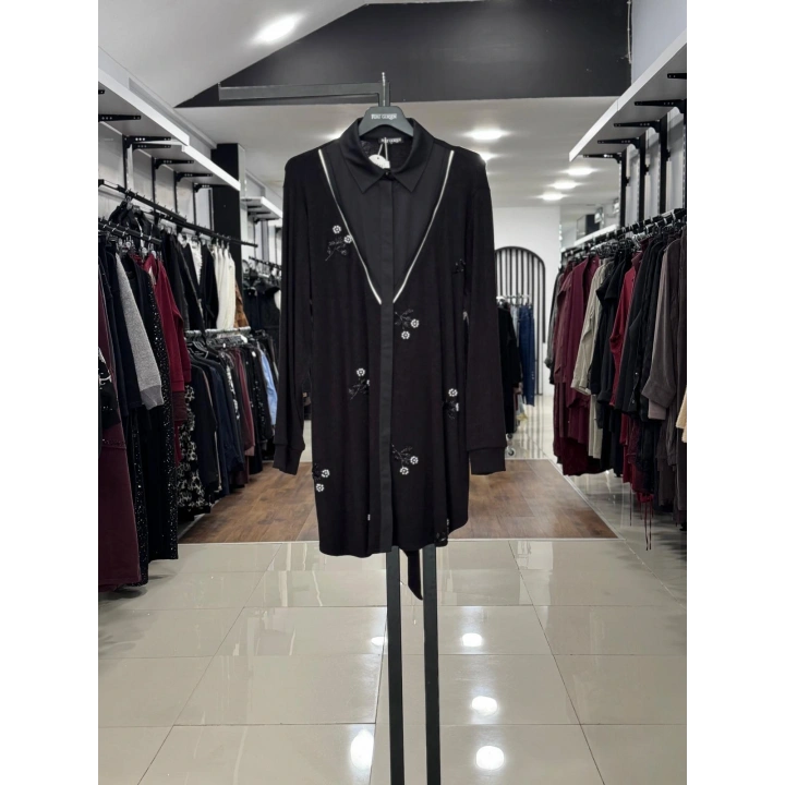 ÖNÜ ÇİÇEK DESENLİ KEMERLİ TUNİK - Siyah