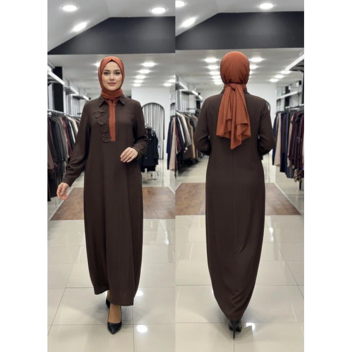 ÜST VE YAKA DETAYI FARKLI ELBİSE - Kahverengi