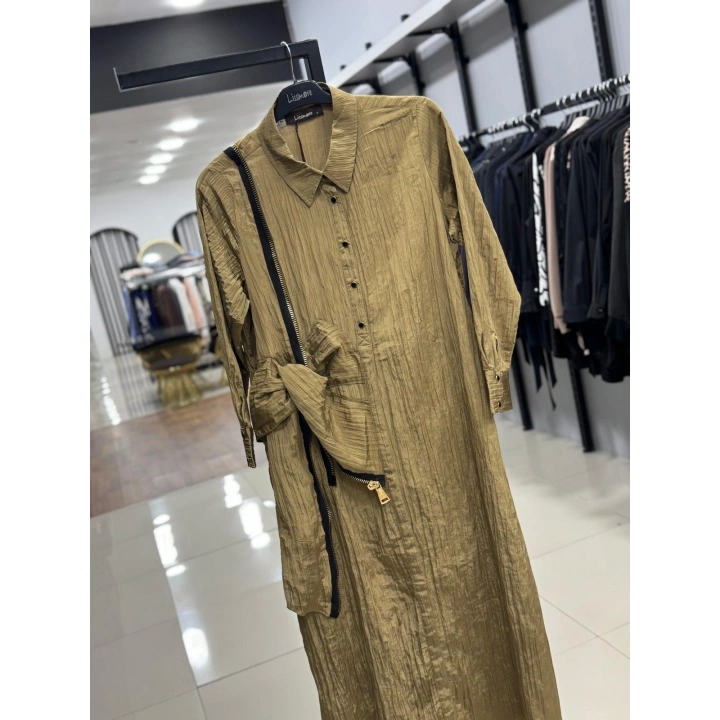 ÜSTTEN ÇITÇITLI YANDAN FERMUAR DETAYLI ELBİSE - Haki