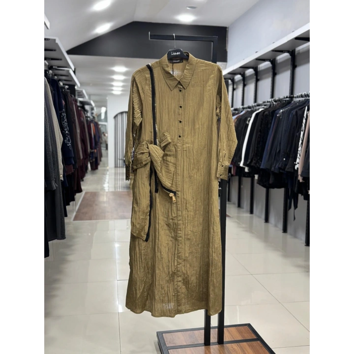 ÜSTTEN ÇITÇITLI YANDAN FERMUAR DETAYLI ELBİSE - Haki