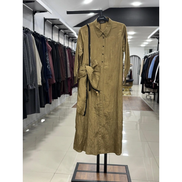 ÜSTTEN ÇITÇITLI YANDAN FERMUAR DETAYLI ELBİSE - Haki