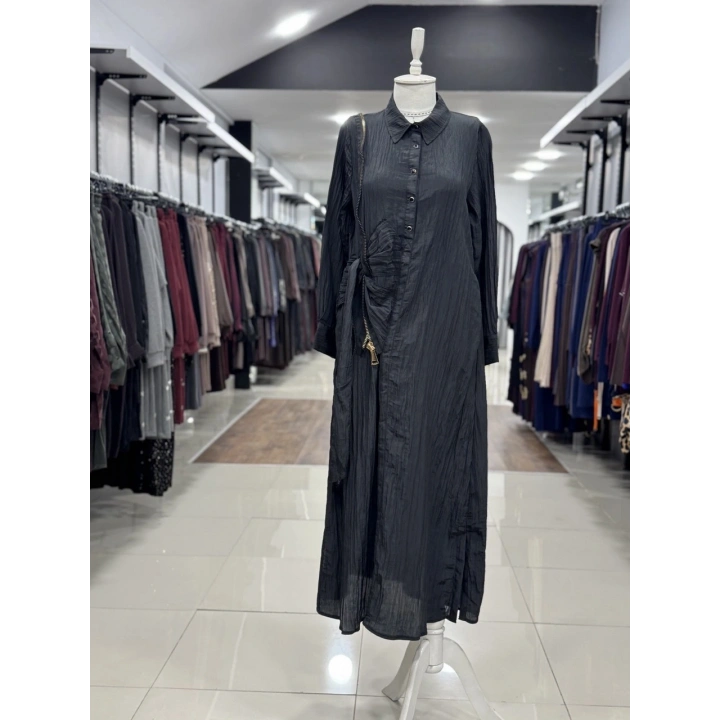 ÜSTTEN ÇITÇITLI YANDAN FERMUAR DETAYLI ELBİSE - Siyah