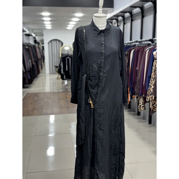 ÜSTTEN ÇITÇITLI YANDAN FERMUAR DETAYLI ELBİSE - Siyah