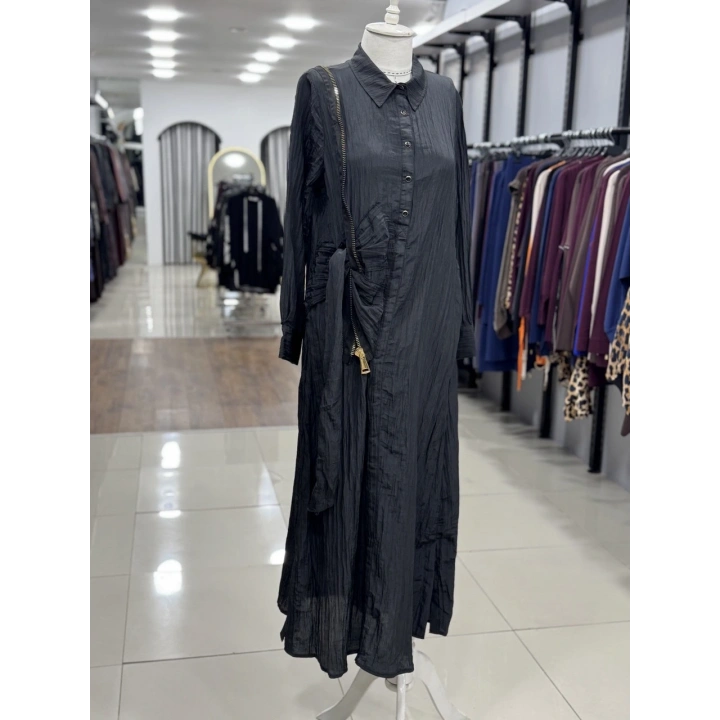 ÜSTTEN ÇITÇITLI YANDAN FERMUAR DETAYLI ELBİSE - Siyah