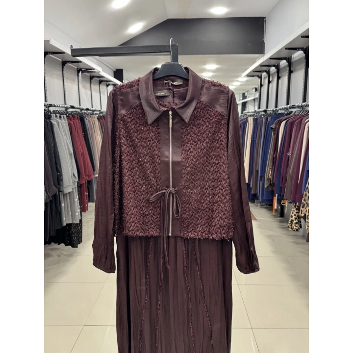 ÜSTÜ YELEKLİ ELBİSE - Bordo