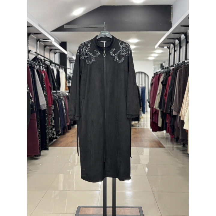 YAKALARI PUL PAYET İŞLEMELİ KEMERLİ FERMUARLI KAP - Siyah