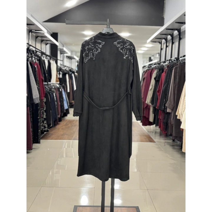 YAKALARI PUL PAYET İŞLEMELİ KEMERLİ FERMUARLI KAP - Siyah