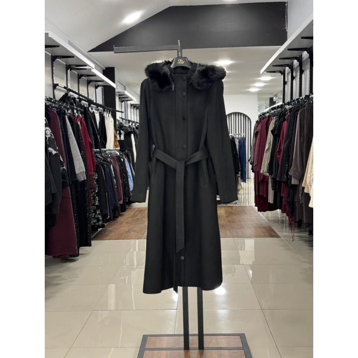 YAKASI KÜRK DETAYLI KABAN - Siyah