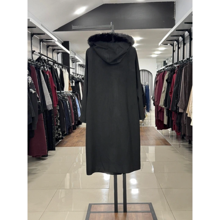 YAKASI KÜRK DETAYLI KABAN - Siyah