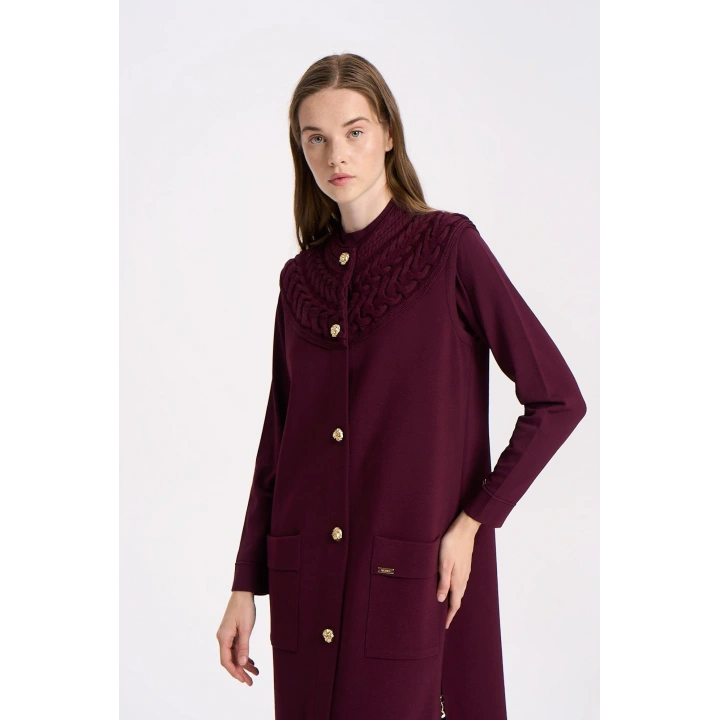 YAKASI SAÇ ÖRGÜLÜ YELEK - Bordo