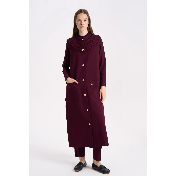 YAKASI SAÇ ÖRGÜLÜ YELEK - Bordo