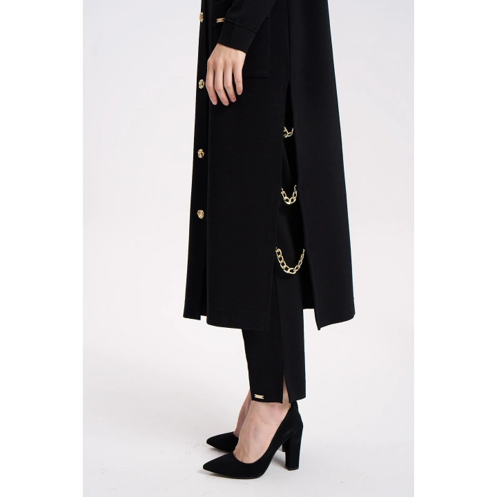 YAKASI SAÇ ÖRGÜLÜ YELEK - Siyah