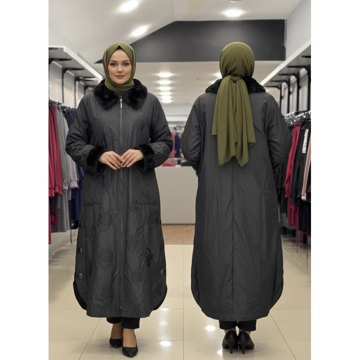 YAKASI VE BİLEK KISMI KÜRK DEYALI ŞIK PARDESÜ - Siyah