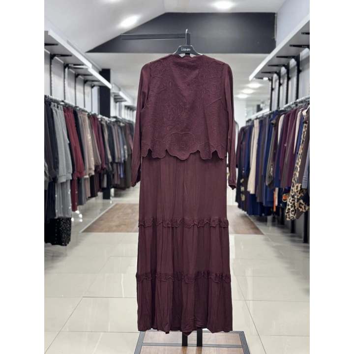 YELEK DETAYLI İKİLİ ELBİSE - Bordo