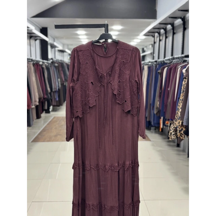 YELEK DETAYLI İKİLİ ELBİSE - Bordo