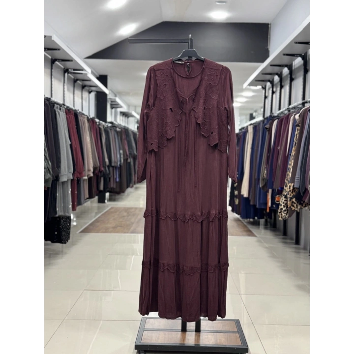 YELEK DETAYLI İKİLİ ELBİSE - Bordo