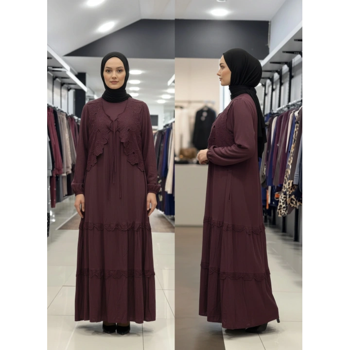 YELEK DETAYLI İKİLİ ELBİSE - Bordo