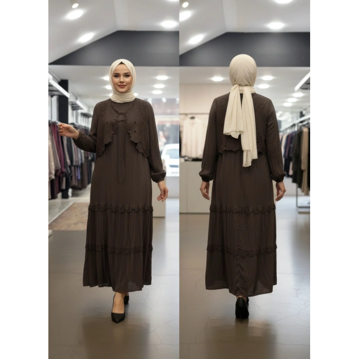 YELEK DETAYLI İKİLİ ELBİSE - Kahverengi