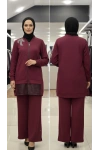 KABARTMALI KUMAŞ VE BONCUK İŞLEME DETAYLI PANTOLONLU İKİLİ T - Bordo
