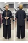 ÖNÜ İÇTEN ÇITÇIT DETAYLI PANTOLONLU RAHAT İKİLİ TAKIM - Siyah