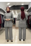 ÖNÜ KAR TANESİ DESENLİ SİMLİ TRİKO PANTOLONLU TAKIM - Gri
