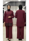 KABARTMALI KUMAŞ VE BONCUK İŞLEME DETAYLI PANTOLONLU İKİLİ T - Bordo