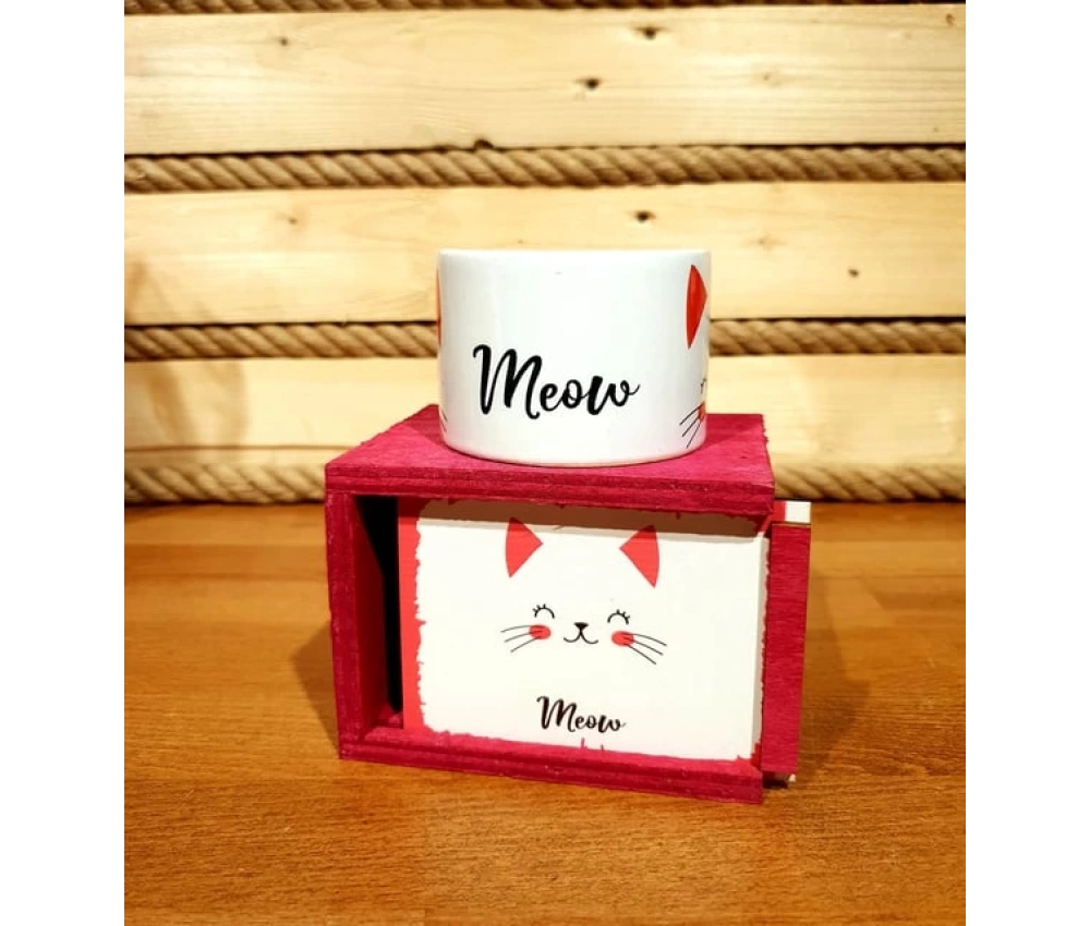 Sevimli Kedi Ahşap Renkli Kutulu Kupa Arkadaşa Hediye