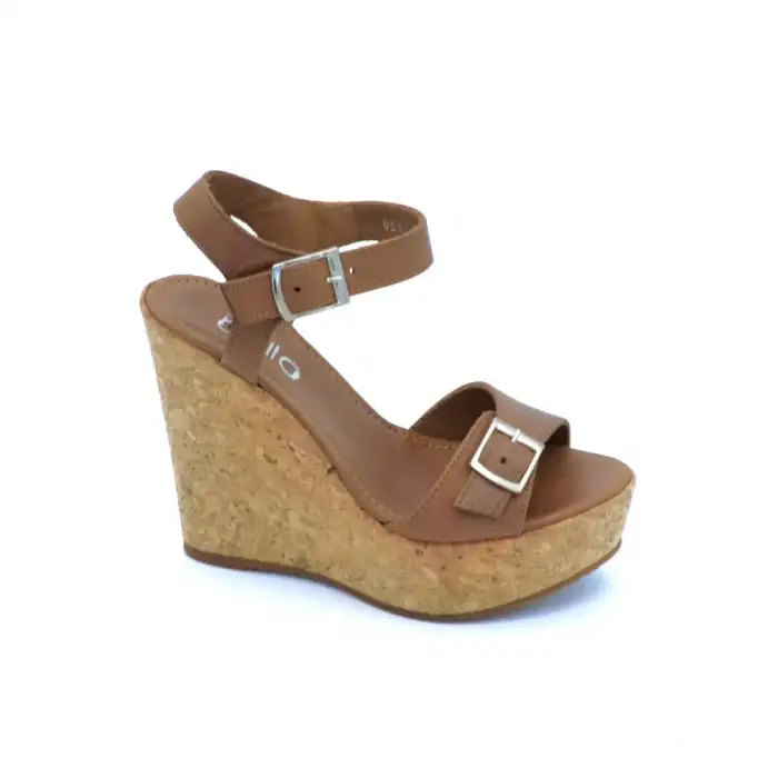 051 BLL Hakiki Deri Tank Topuk Bayan Sandalet Taba