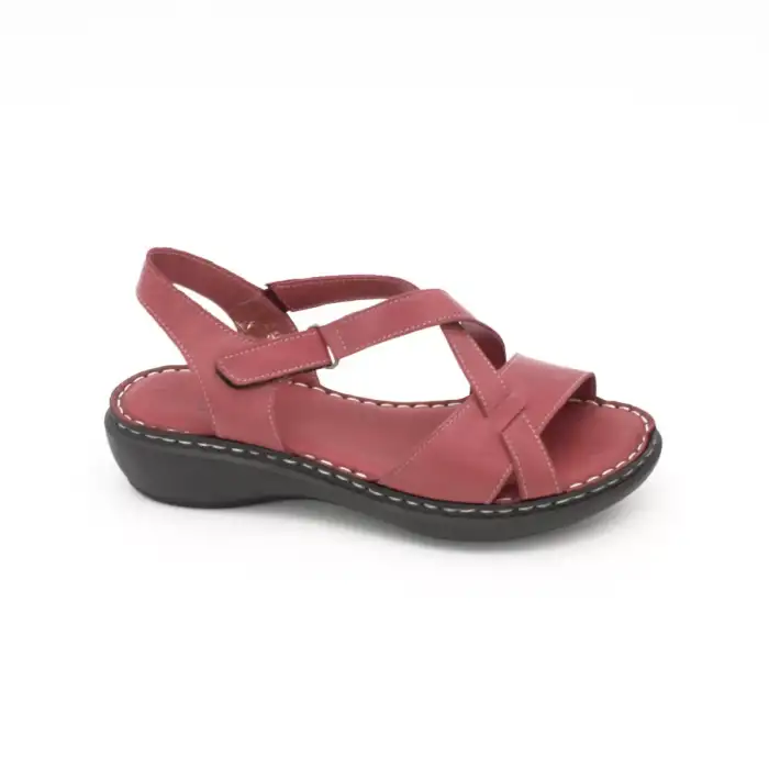 1416 HSN Hakiki Deri Bayan Sandalet Bordo