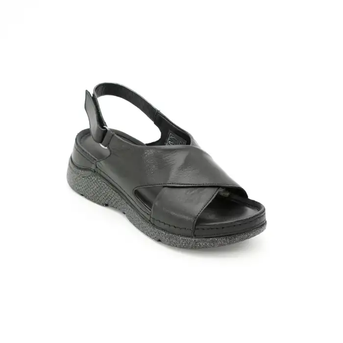 900 PKR Hakiki Deri Bayan Sandalet Siyah Simli Taban