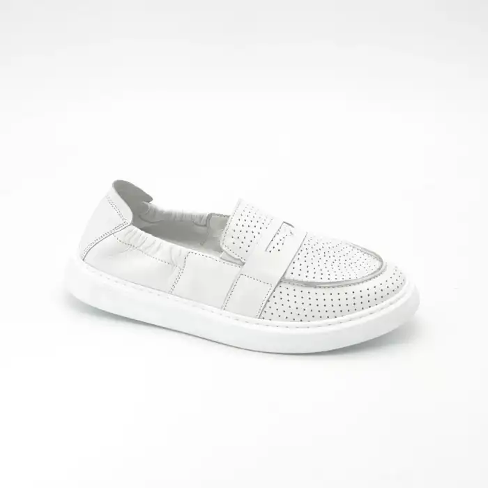 6000 DMT Hakiki Deri Bayan Ayakkabı Beyaz Delikli Loafer