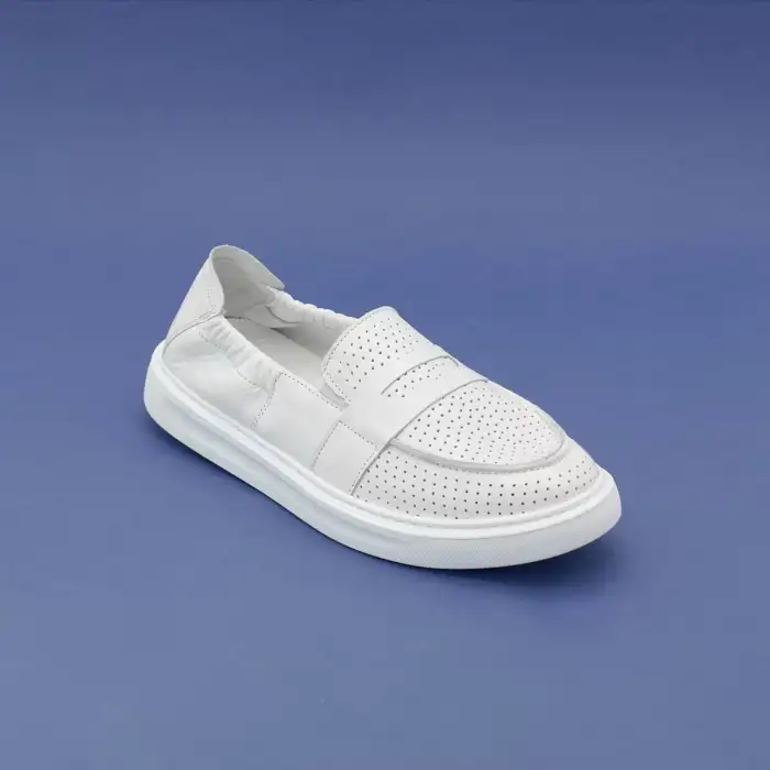 6000 DMT Hakiki Deri Bayan Ayakkabı Beyaz Delikli Loafer