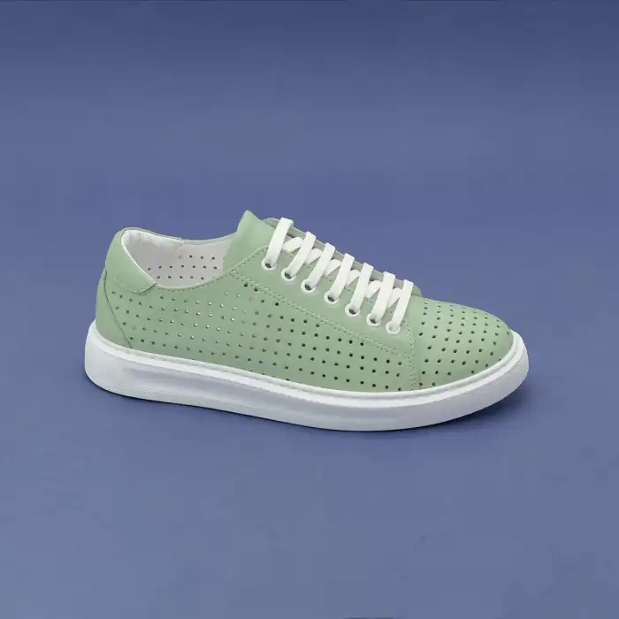 6015 DMT Hakiki Deri Bayan Ayakkabı Su Yeşili Poli Delikli