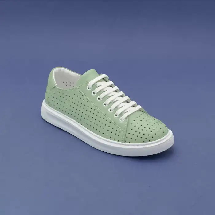 6015 DMT Hakiki Deri Bayan Ayakkabı Su Yeşili Poli Delikli