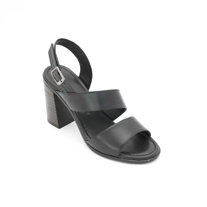 428 EST Hakiki Deri Topuklu Bayan Sandalet Siyah