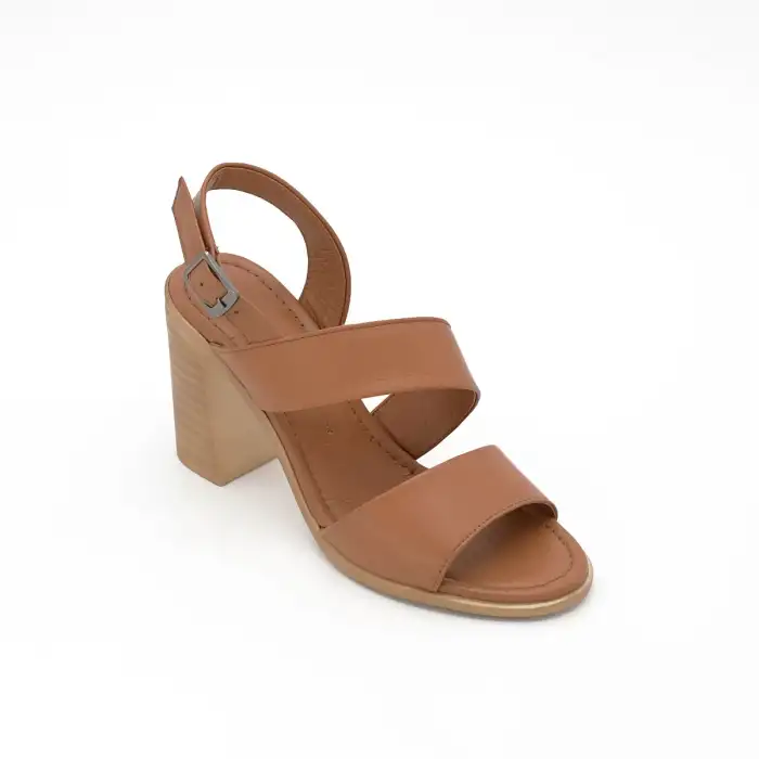 428 EST Hakiki Deri Topuklu Bayan Sandalet Taba