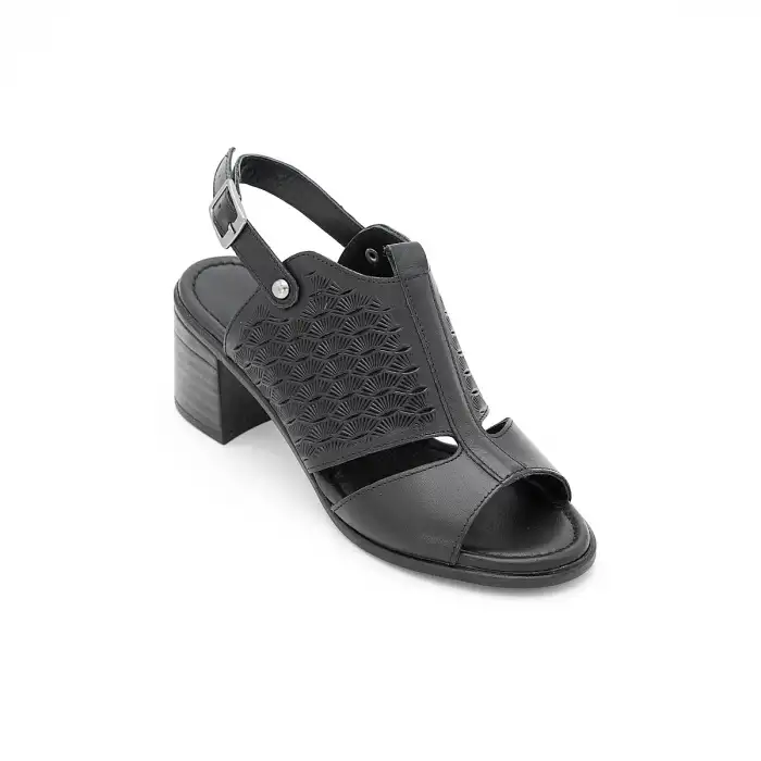 214 EST Hakiki Deri Topuklu Bayan Sandalet Siyah