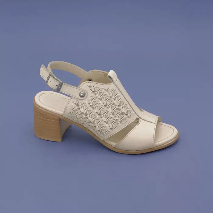 214 EST Hakiki Deri Topuklu Bayan Sandalet Bej