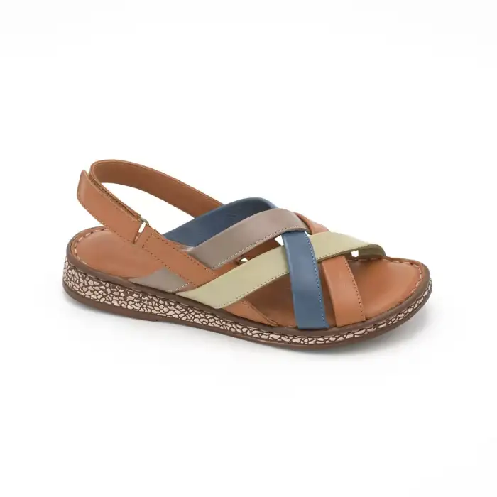 1002 İZZ Hakiki Deri Bayan Sandalet Taba Multi
